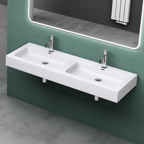 Glasvilla Design, Lavabo doble suspendido / de encimera Col830 en mineral sintético 140×48×13 cm