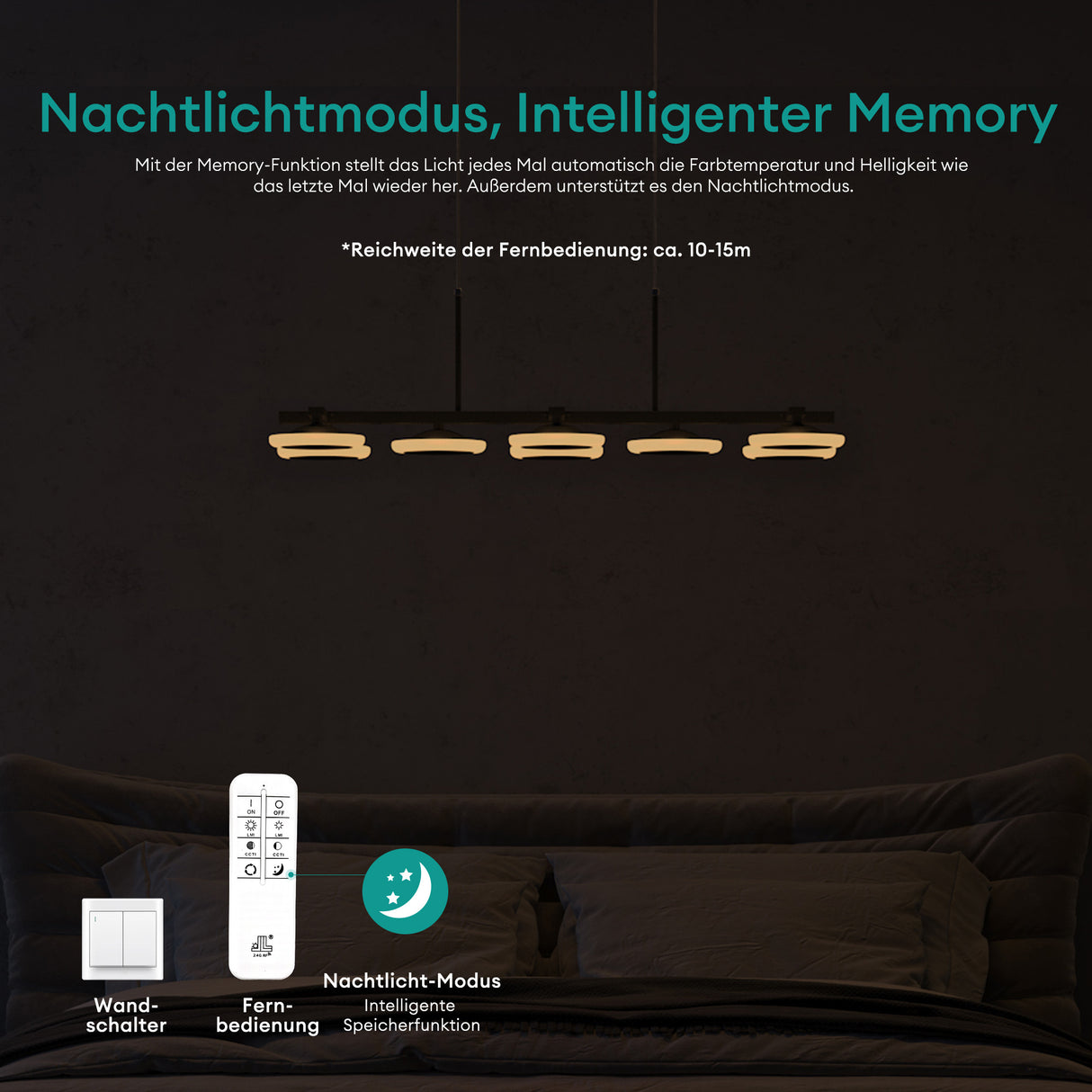 Suspension Glasvilla 72 cm, lampe LED dimmable avec télécommande, température de couleur 3000K/4000K/6000K, câble ajustable, 32 W, noir mat, idéale pour salle à manger, salon ou chambre.