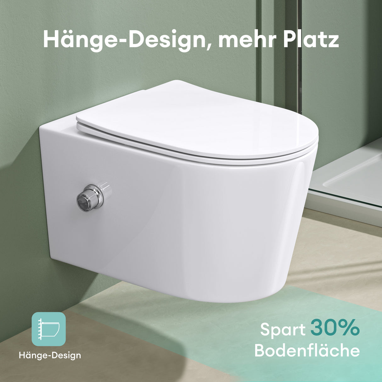Glasvilla Design – Inodoro suspendido sin reborde en cerámica blanca con asiento Soft-Close