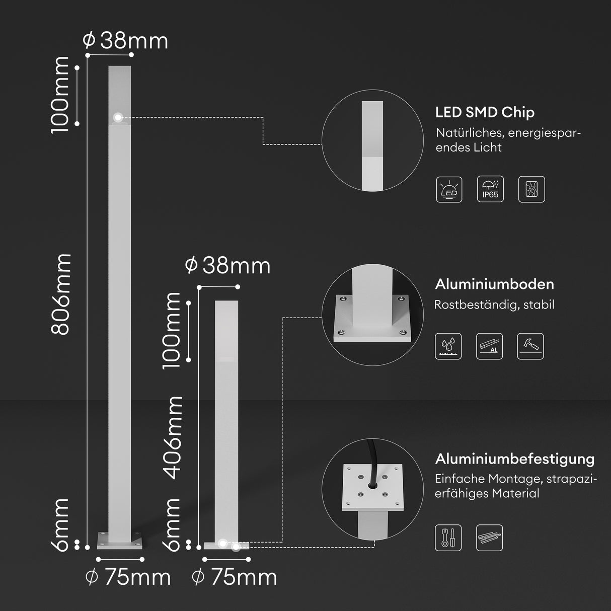 glasvilla Außenleuchte IP65 Wegeleuchte Außen | Pollerleuchte für Garten, 3000K Stehlampe Gartenlampe | Außenlampe Standleuchte 3W Deus Lumina