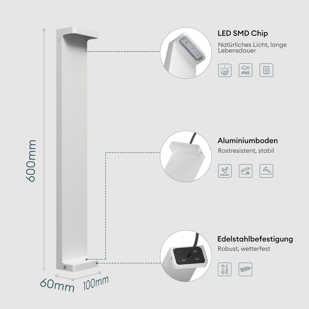 glasvilla Lampe d’Extérieur 10x6x60cm IP65 | Éclairage de Chemin Extérieur | Borne Lumineuse pour Jardin, Lampadaire 3000K | Lampadaire d’Extérieur 6W LumaTorch
