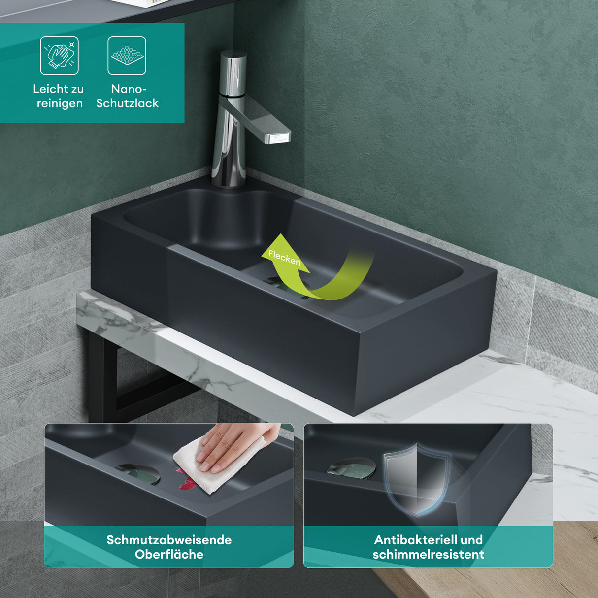 glasvilla Lavabo de invitados WC Lavabo de encimera con orificio para grifo 46x26x11cm Mineralguss Cuadrado Pequeño Cuenco de lavabo Espacio de lavabo Col101