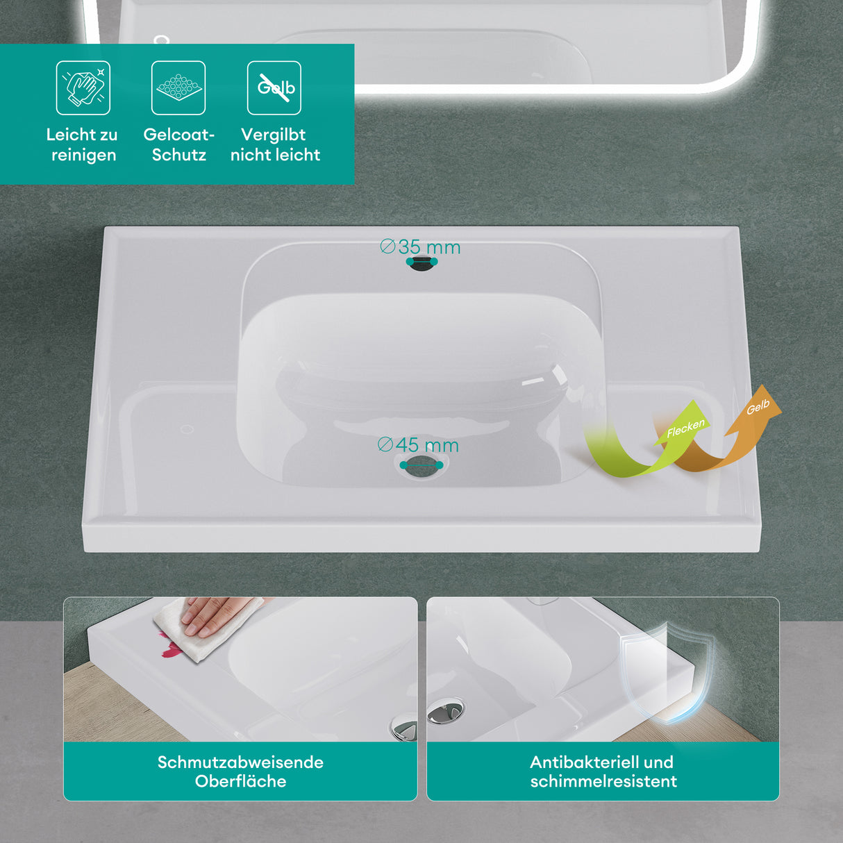 Lavabo encastré Glasvilla blanc brillant, meuble vasque rectangulaire en fonte minérale Col3601