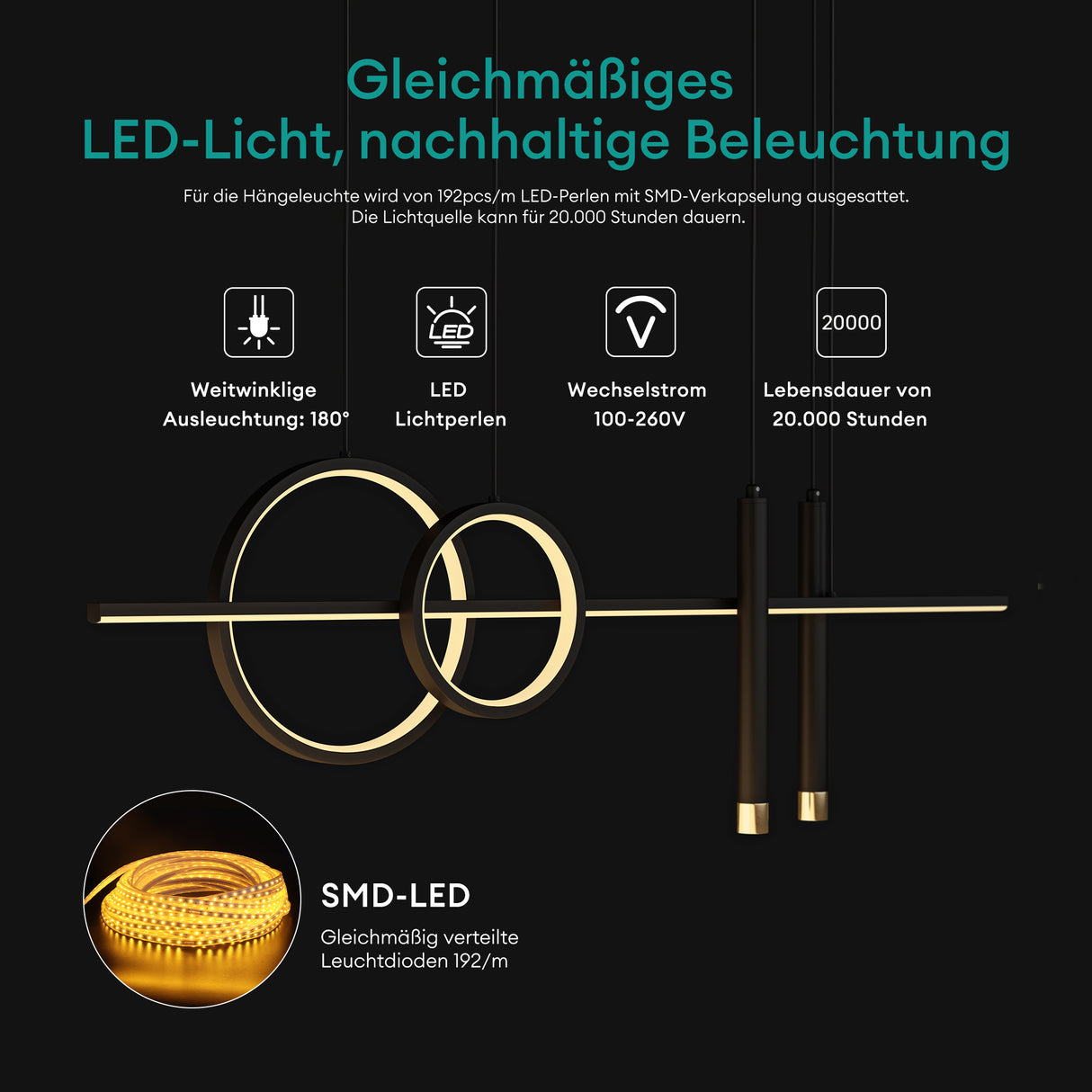 Suspension Glasvilla 100 cm, lampe LED suspendue, design linéaire, 3000K/4000K/6000K, câble réglable, 38W, idéale pour salle à manger, salon ou chambre.