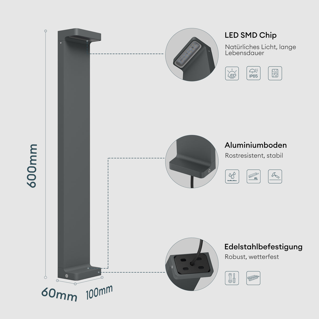 glasvilla Lampe d’Extérieur 10x6x60cm IP65 | Éclairage de Chemin Extérieur | Borne Lumineuse pour Jardin, Lampadaire 3000K | Lampadaire d’Extérieur 6W LumaTorch