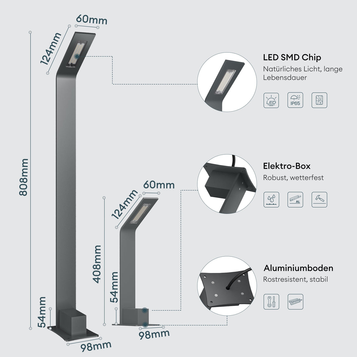 glasvilla Éclairage Extérieur IP65 | Éclairage de Chemin Extérieur | Borne Lumineuse pour Jardin, Lampadaire 3000K | Lampe d’Extérieur Lampadaire 6W Pfadfinder