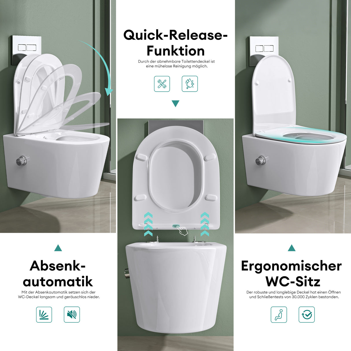 Glasvilla Design – Inodoro suspendido sin reborde en cerámica blanca con asiento Soft-Close