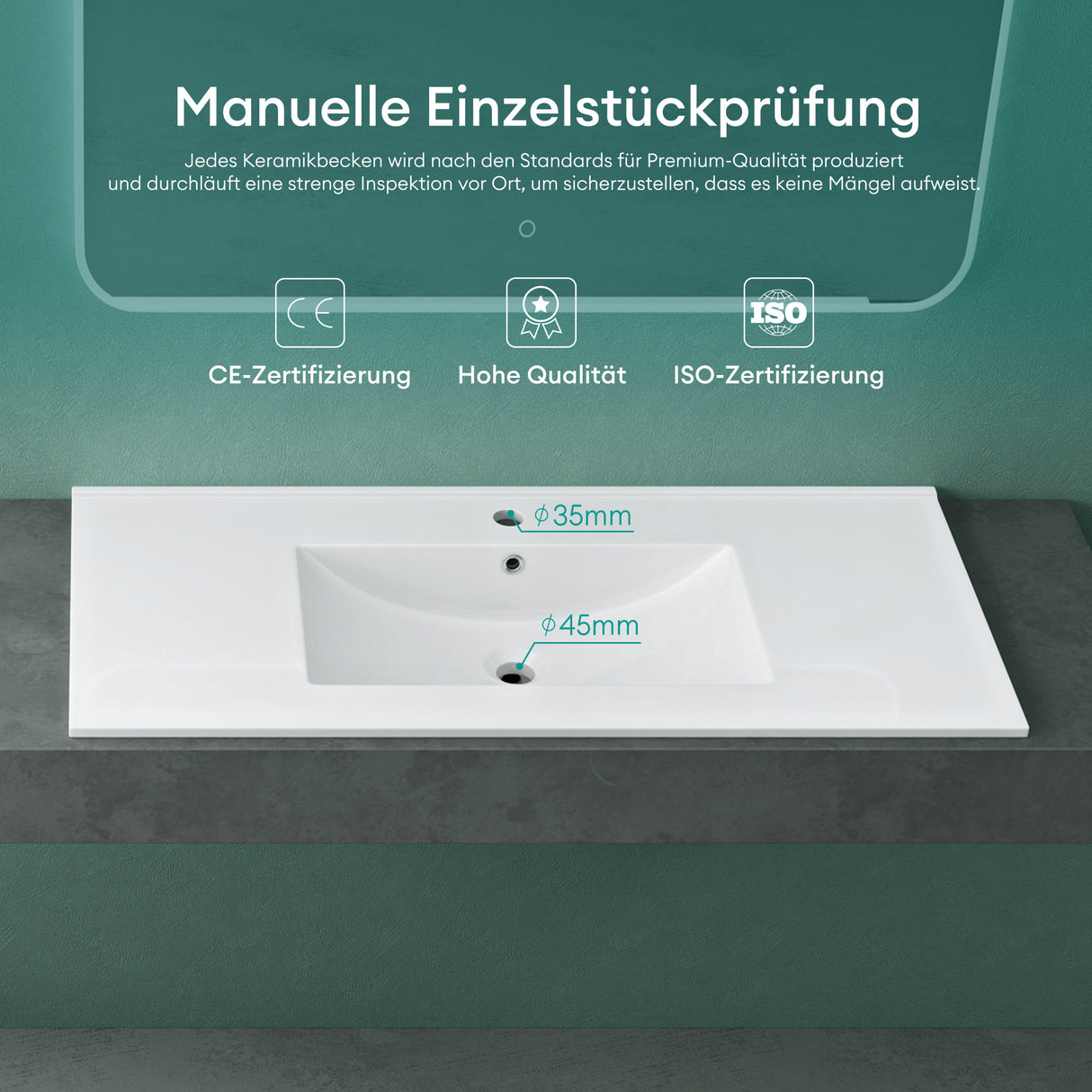 glasvilla Vasque à Encastrer Meuble Sous-Vasque Blanc Brillant en Céramique avec Revêtement NANO Rectangulaire Brüssel912