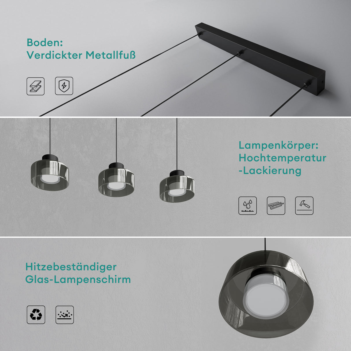 glasvilla Pendelleuchte LED Hängelampe 3000K/4000K/6000K Verstellbares Kabel Schwarz Hängeleuchte für Esszimmer Wohnzimmer Schlafzimmer