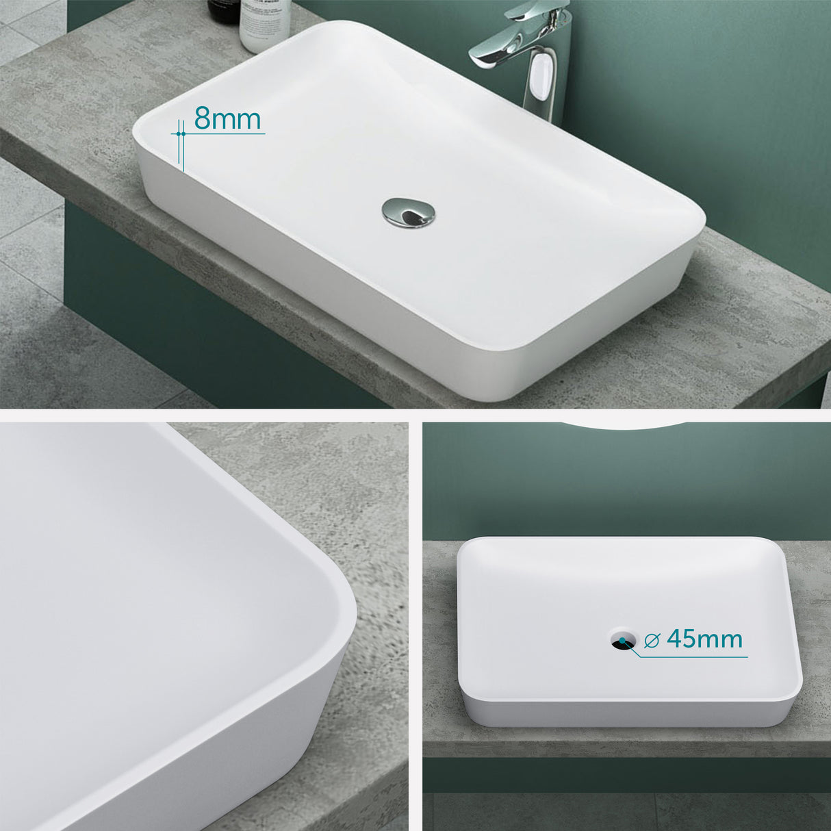 Vasque Glasvilla, vasque à poser en matériau minéral moulé, meuble-lavabo avec raccords DIN standard Col815