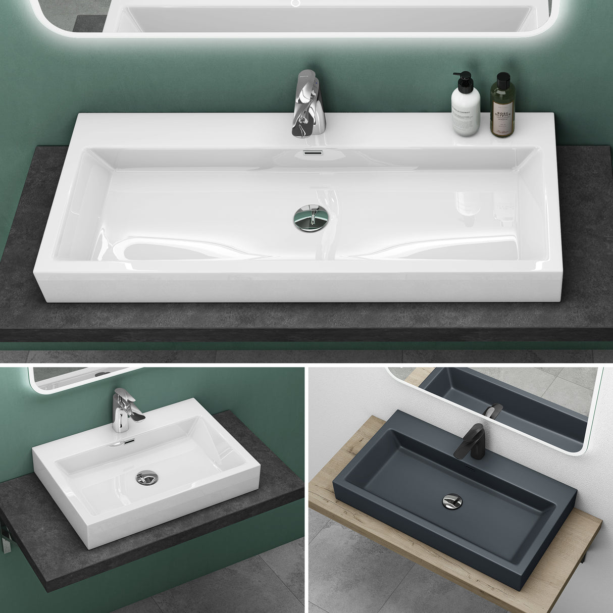 Lavabo Glasvilla Col18, lavabo suspendu, lavabo à poser, en fonte minérale, 1 trou de robinetterie, rectangulaire