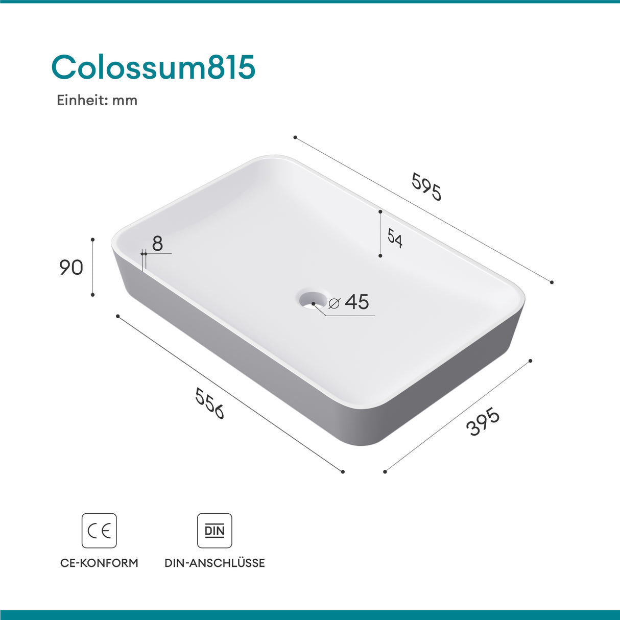 Vasque Glasvilla, vasque à poser en matériau minéral moulé, meuble-lavabo avec raccords DIN standard Col815