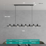 Suspension Glasvilla 120 cm, lampe LED suspendue 8 lumières 4000K, câble réglable E27, noire, idéale pour salle à manger, salon ou chambre.