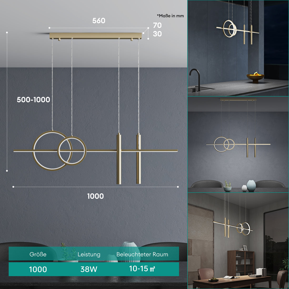 Suspension Glasvilla 100 cm, lampe LED suspendue, design linéaire, 3000K/4000K/6000K, câble réglable, 38W, idéale pour salle à manger, salon ou chambre.