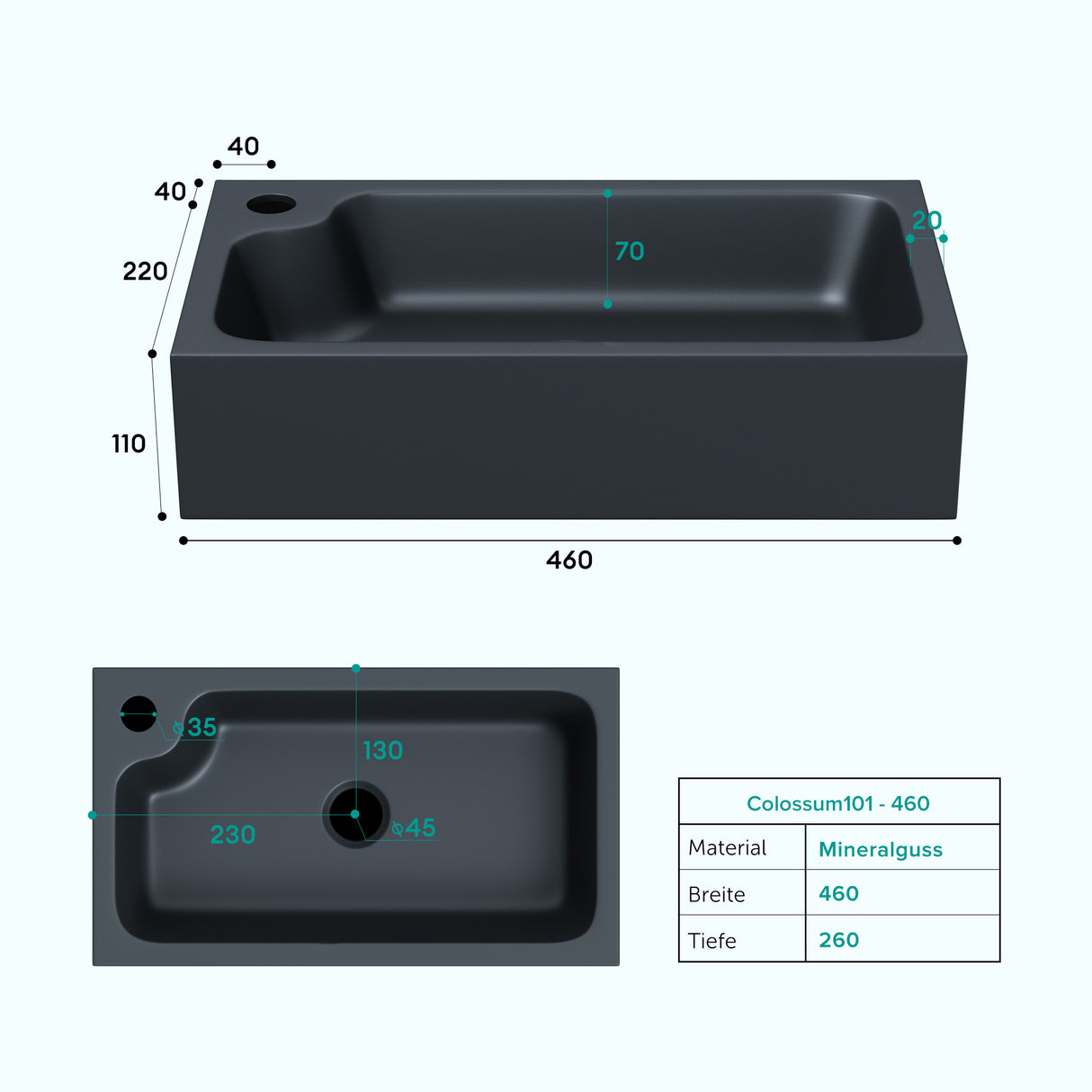 glasvilla Lavabo de invitados WC Lavabo de encimera con orificio para grifo 46x26x11cm Mineralguss Cuadrado Pequeño Cuenco de lavabo Espacio de lavabo Col101