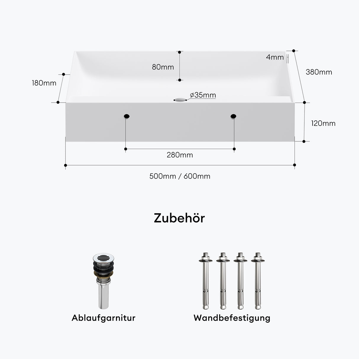 glasvilla Waschbecken Aufsatzwaschbecken Hängewaschbecken Mineralguss Rechteckig Waschplatz Col630