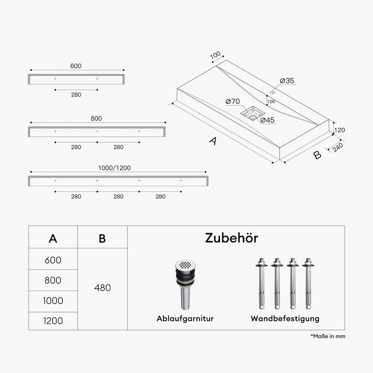 Lavabo Glasvilla, lavabo suspendu, lavabo à poser en matériau minéral moulé, Col810