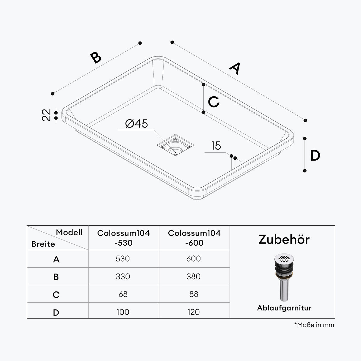 Lavabo Glasvilla, en fonte minérale, lavabo encastré avec couvercle de bonde Col104