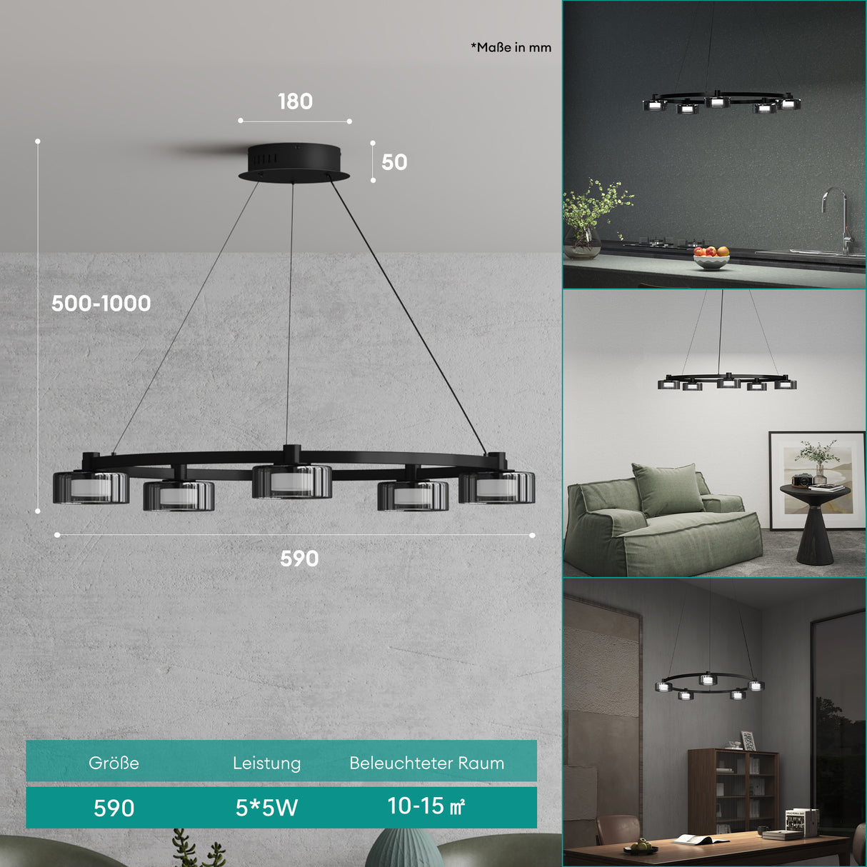 glasvilla Lampadario a Sospensione a Cavo Regolabile Lampada da Soffitto a Sospensione per Sala da Pranzo, Camera da Letto e Soggiorno