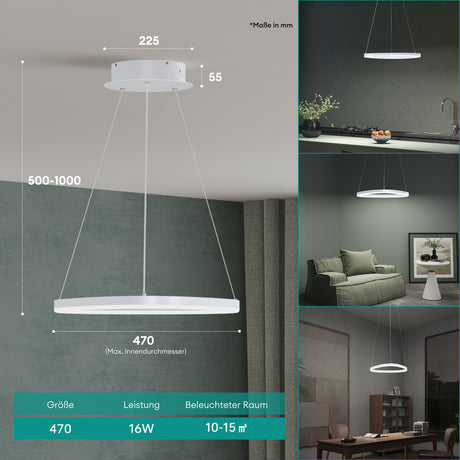 Suspension Glasvilla 50 cm, lampe LED suspendue, design ondulé dynamique, température de couleur réglable 3000K/4000K/6000K, câble 16W, idéale pour salle à manger, salon ou chambre.
