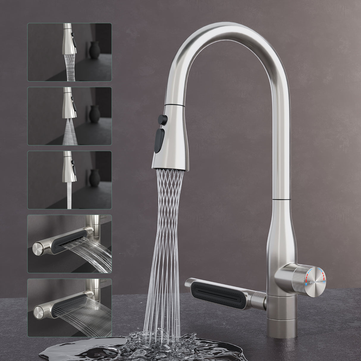 glasvilla Wasserhahn Küche mit Wasserfallstrahl, Spültischarmatur Küchenarmatur, Mischbatterie mit Einhebelmischer 360° Schwenkbar, Küchenwasserhahn aus Edelstahl Silber Turnix-03