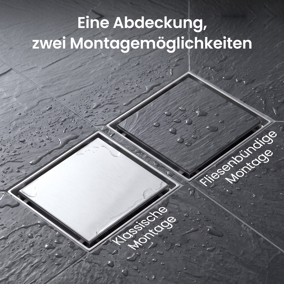 glasvilla Bodenablauf Duschablauf Edelstahl, Duschrinne quadratisch 15x15cm Duschabfluss befliesbar mit Geruchsverschluss, Haarsieb, 360°-Drehadapter, Chrom gebürstet, für Bad Dusche Balkon, KYE113-150