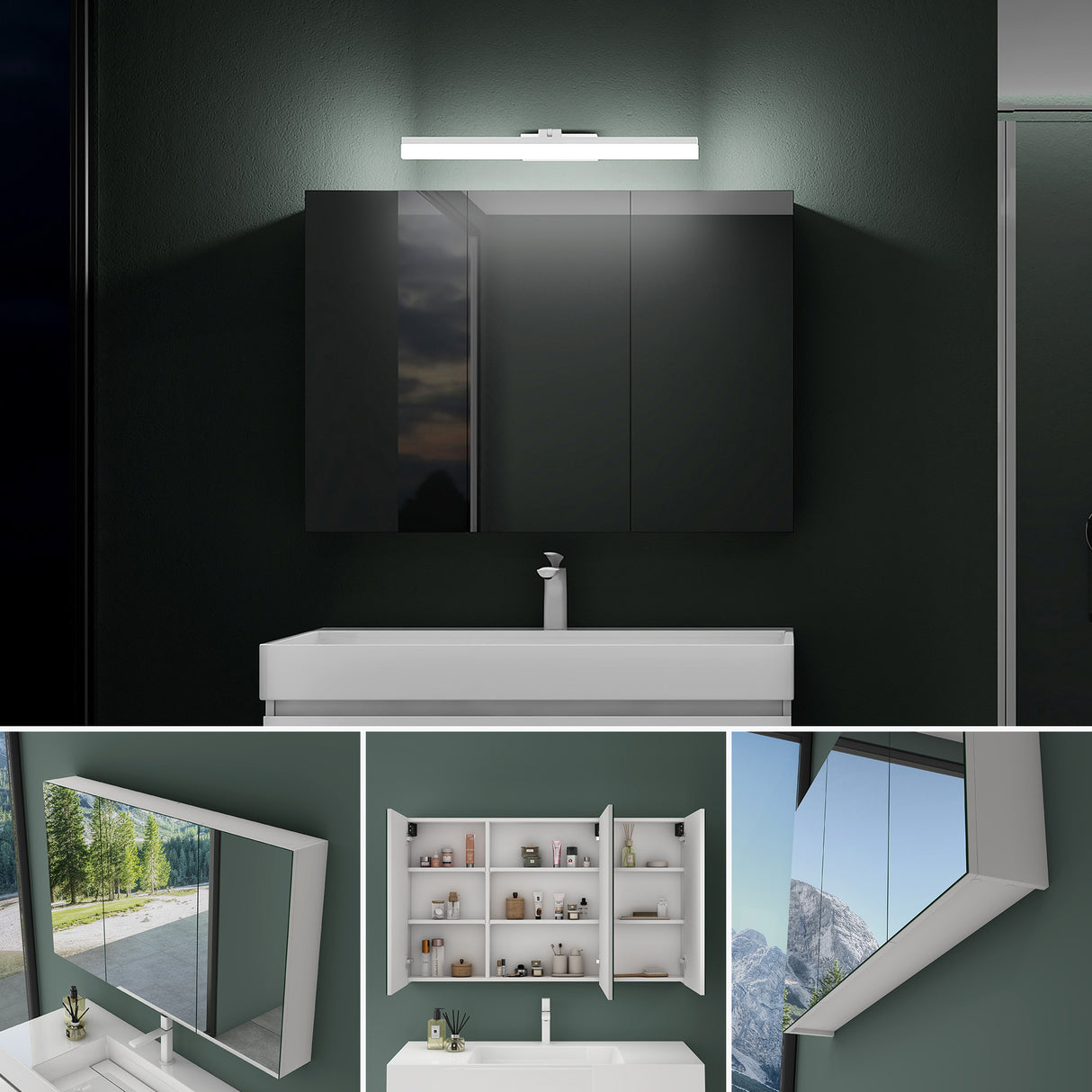 Meuble de salle de bain Glasvilla avec miroir et éclairage, meuble de salle de bain avec lampe miroir, éclairage miroir rotatif à 180°, lampe de salle de bain LED Luxaris