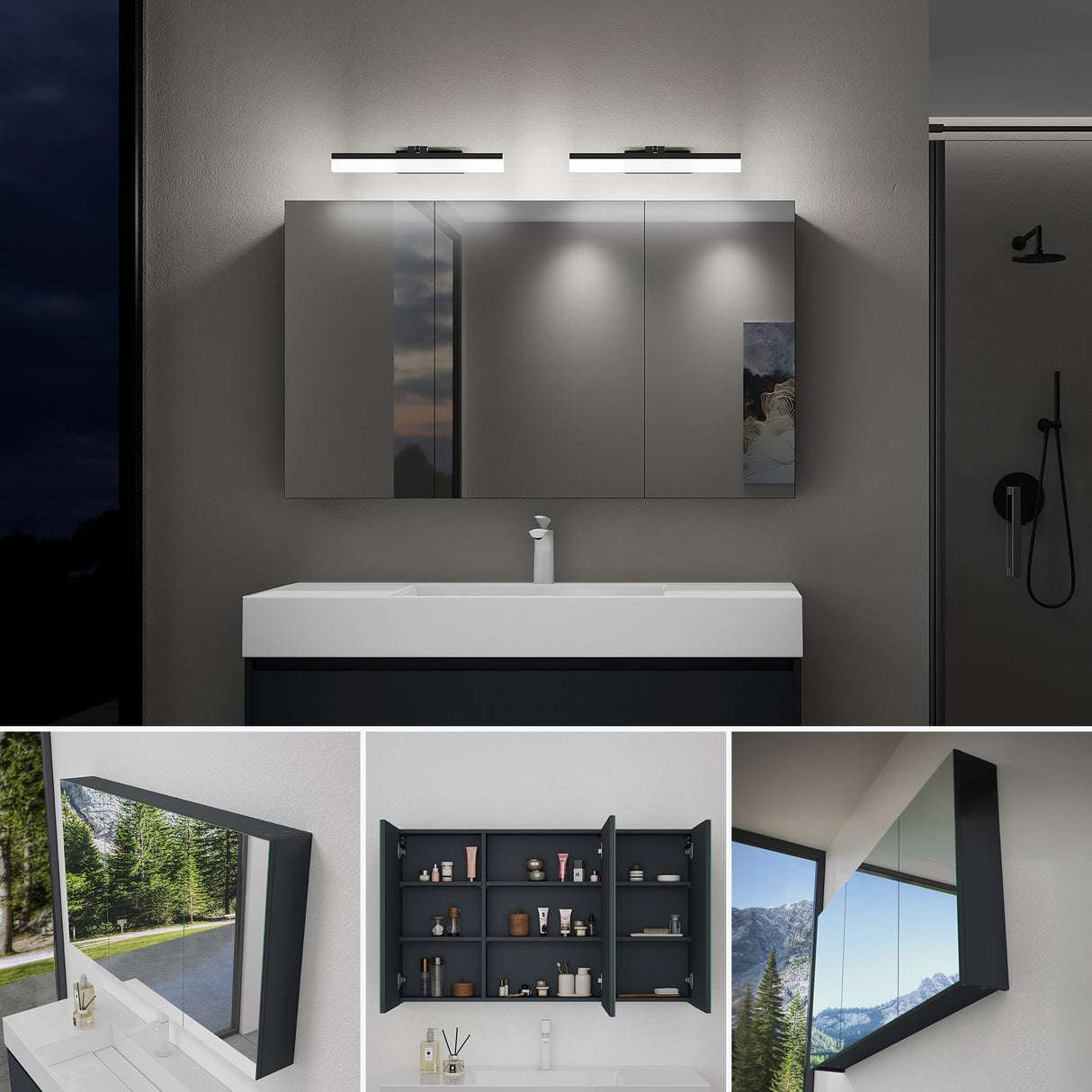 Meuble de salle de bain Glasvilla avec miroir et éclairage, meuble de salle de bain avec lampe miroir, éclairage miroir rotatif à 180°, lampe de salle de bain LED Luxaris