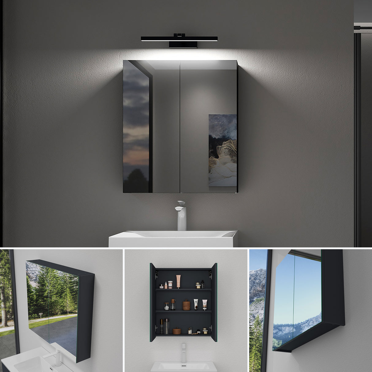 Armoire de toilette Glasvilla avec miroir et lampe intégrée, meuble de salle de bain, éclairage miroir, lampe de salle de bain LED rotative à 180°, d'une beauté rayonnante