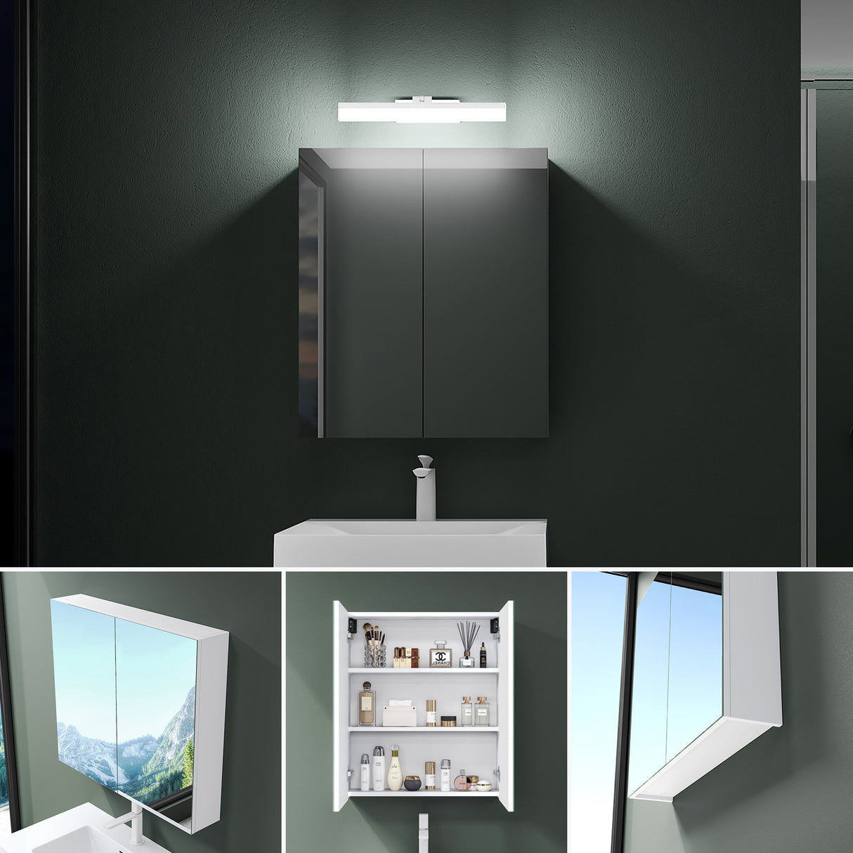 Meuble de salle de bain Glasvilla avec miroir et éclairage, meuble de salle de bain avec lampe miroir, éclairage miroir rotatif à 180°, lampe de salle de bain LED Luxaris