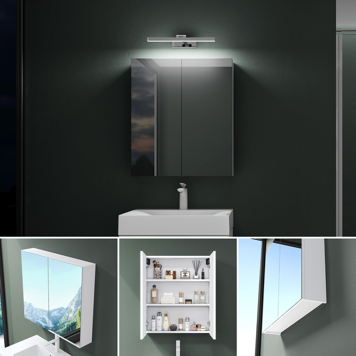 Armoire de toilette Glasvilla avec miroir et lampe intégrée, meuble de salle de bain, éclairage miroir, lampe de salle de bain LED rotative à 180°, d'une beauté rayonnante