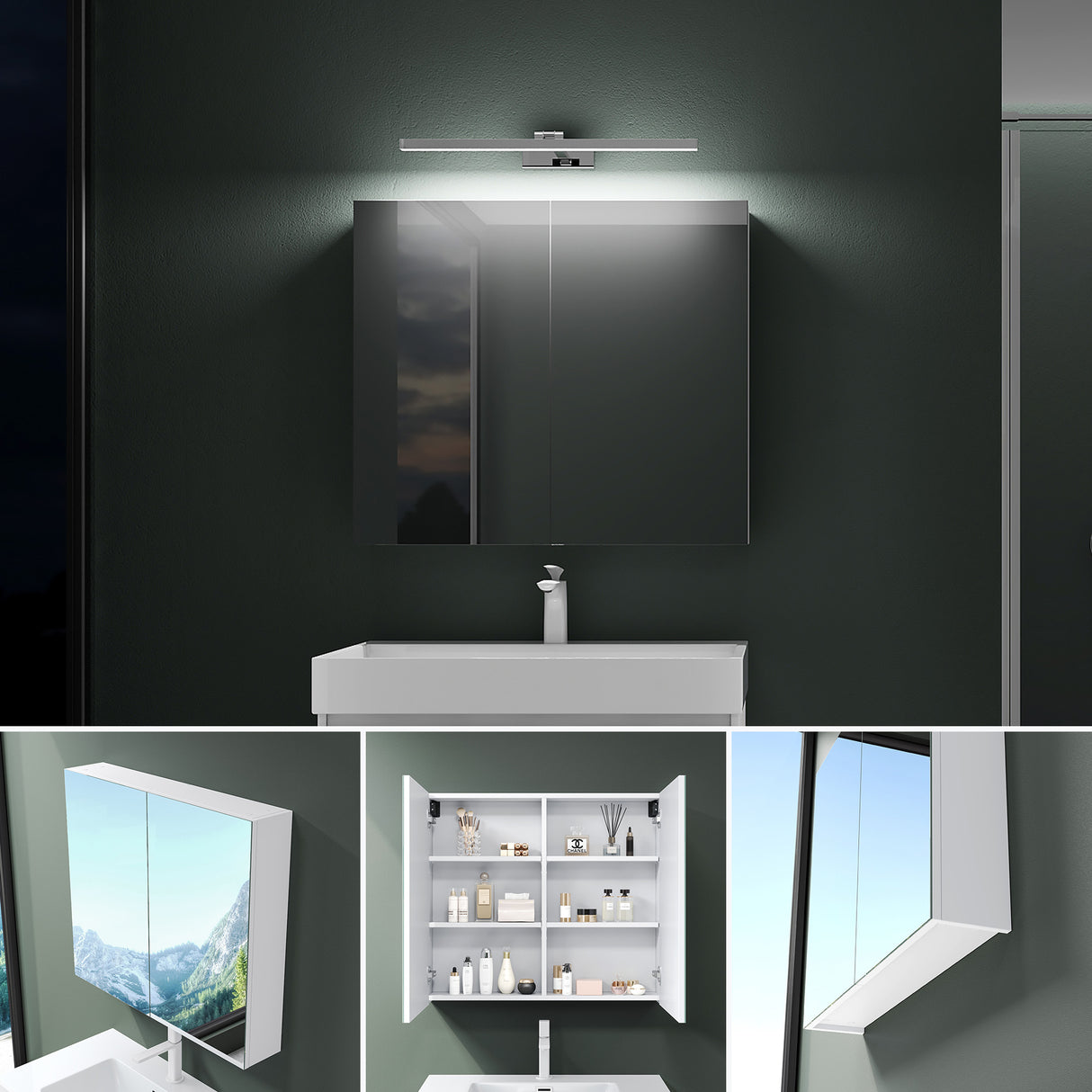 Armoire de toilette Glasvilla avec miroir et lampe intégrée, meuble de salle de bain, éclairage miroir, lampe de salle de bain LED rotative à 180°, d'une beauté rayonnante