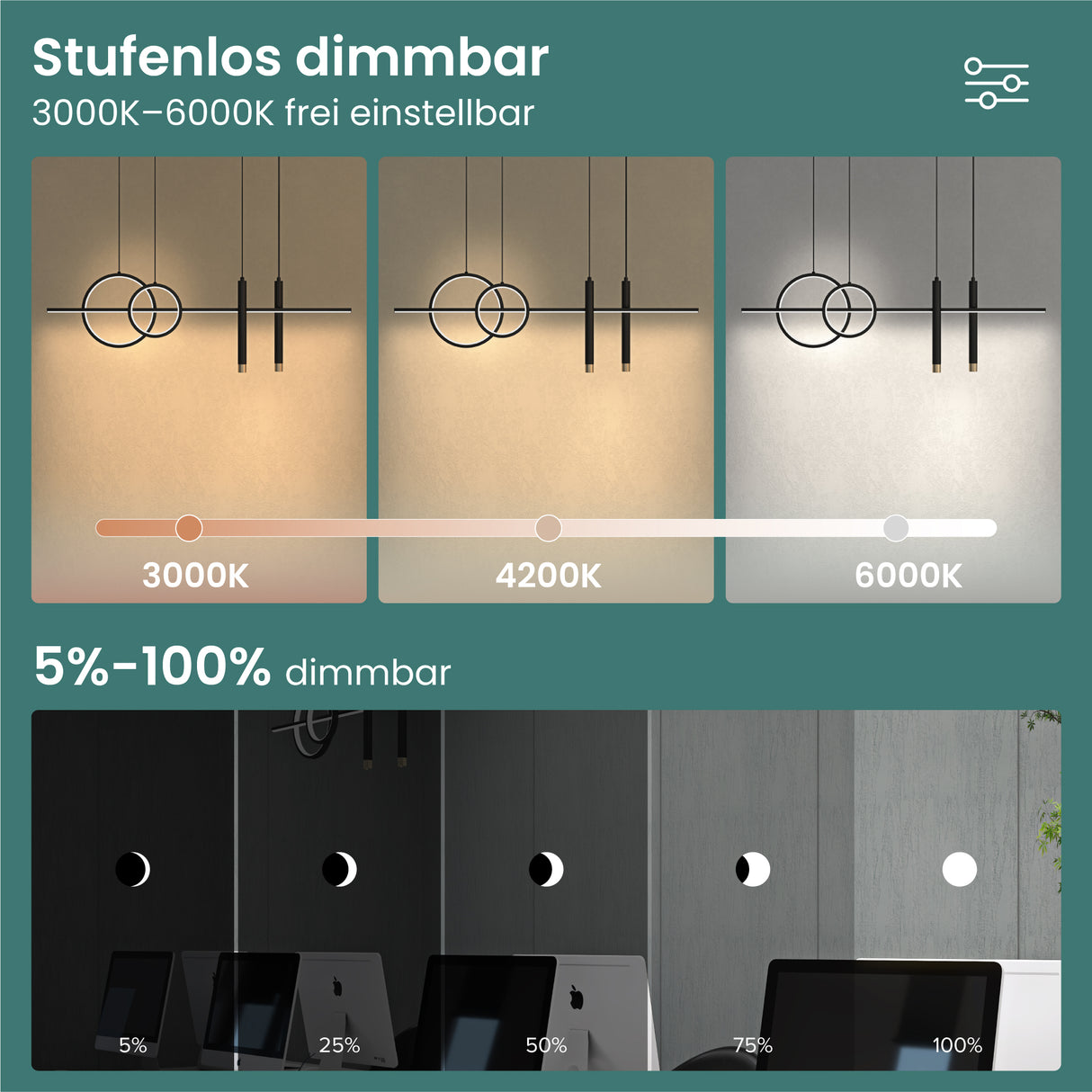 lampara colgante glasvilla 100cm LED diseño lineal 3000K/4000K/6000K cable ajustable 38W lámpara colgante para comedor sala de estar dormitorio