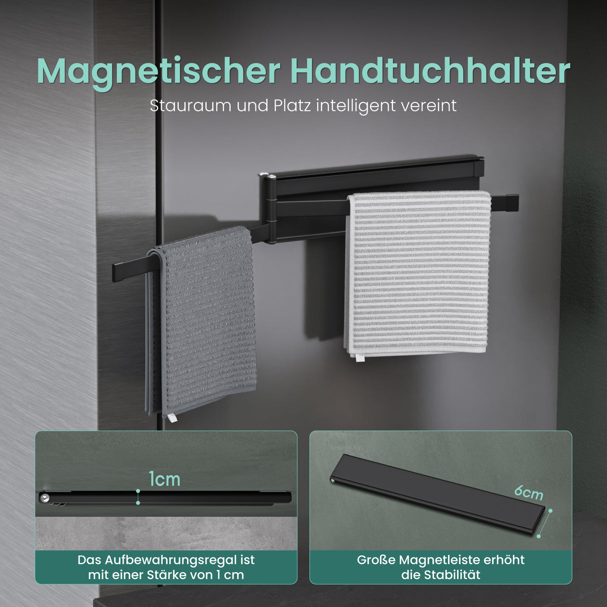 Porte-serviettes Glasvolla sans perçage, pivotant à 180° avec 3 bras, barre porte-serviettes auto-adhésive ou magnétique, porte-serviettes pour salle de bain et cuisine Folda-02