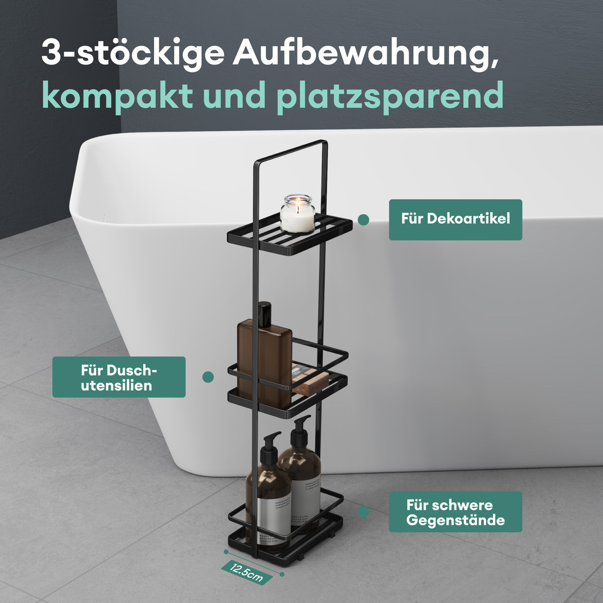 glasvilla Badezimmerregal stehend Badregal Standregal 3-stöckige aus Metall Badezimmerablage schmales Regal 18x12,5x67,3 cm Reglo-02