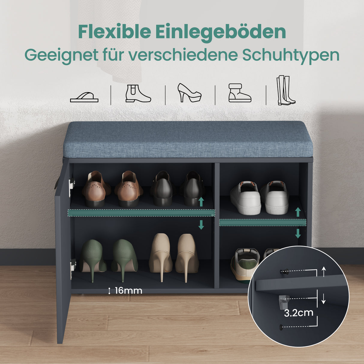 glasvilla Schuhbank mit Sitzfläche, Schuhregal mit Schiebetüren und offenen Fächern, gepolsterter Sitz, verstellbare Ablagen  80x37x50cm Zitta-01