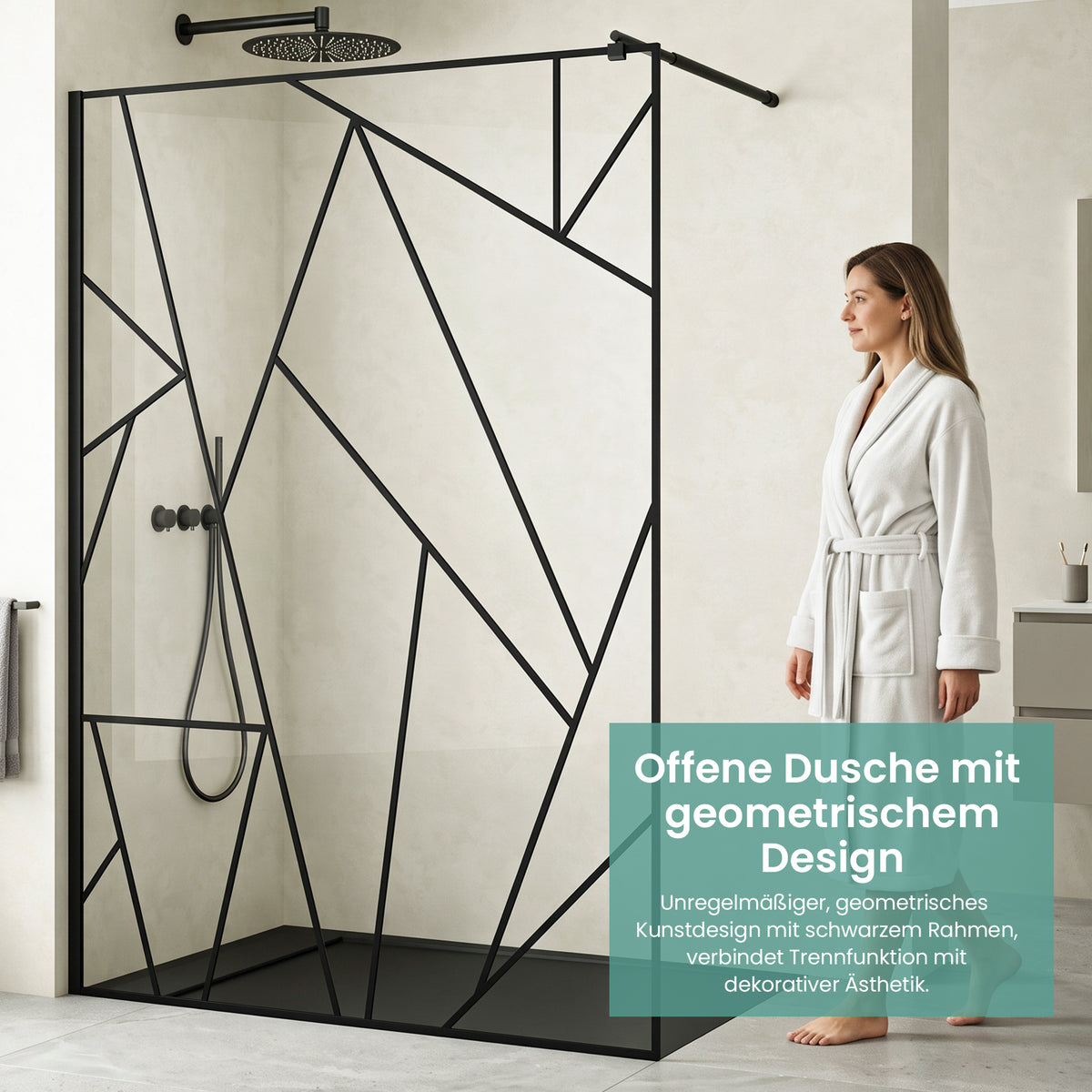 glasvilla Duschwand für Dusche Duschabtrennung  Walk-In Dusche  Duschtrennwand Schwarz 8mm ESG-Sicherheitsglas NANO Klarglas mit geometrischem Design MMBR3 Bremen01Plus-GM
