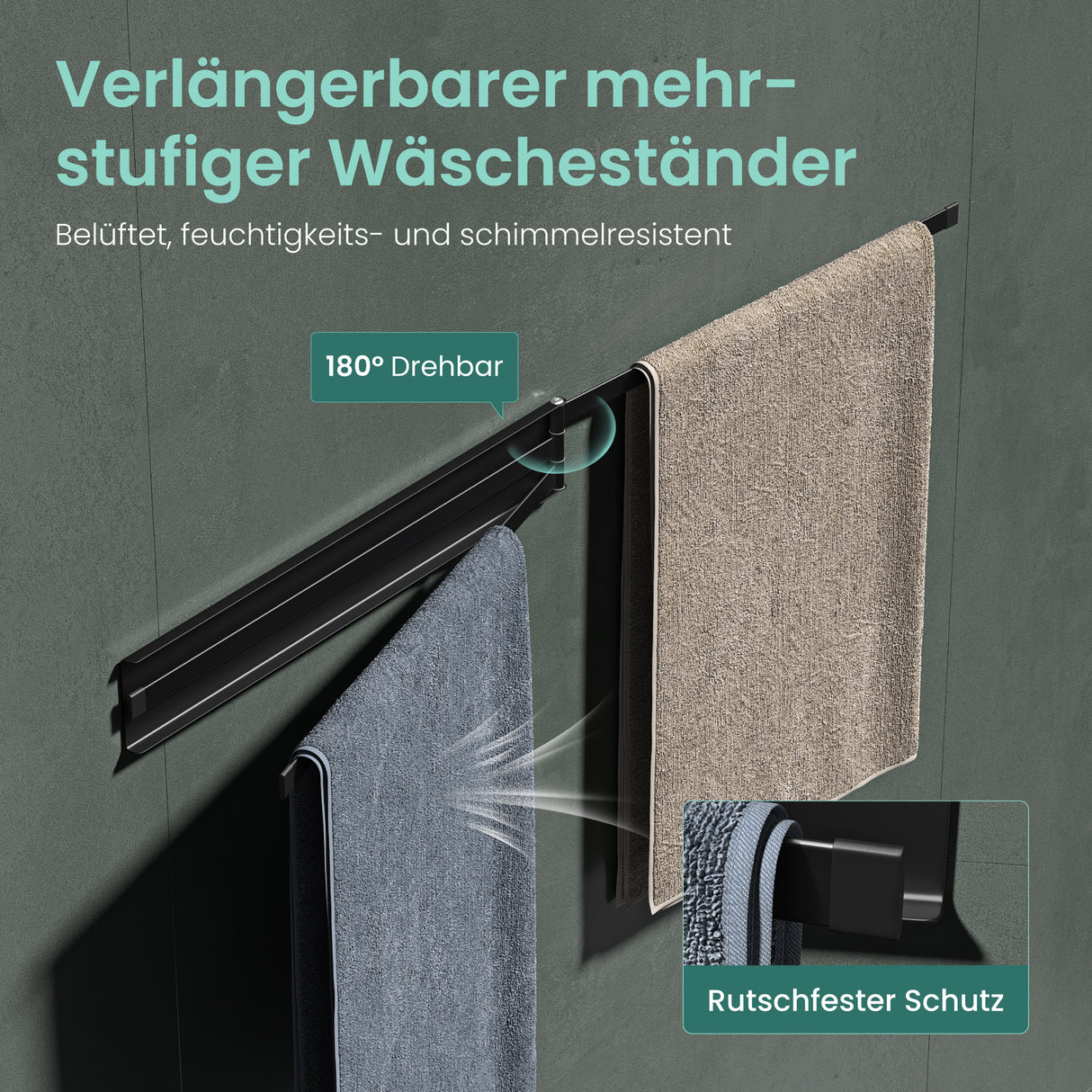 Porte-serviettes Glasvolla sans perçage, pivotant à 180° avec 3 bras, barre porte-serviettes auto-adhésive ou magnétique, porte-serviettes pour salle de bain et cuisine Folda-02