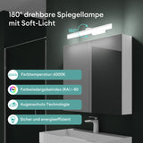 Meuble de salle de bain Glasvilla avec miroir et éclairage, meuble de salle de bain avec lampe miroir, éclairage miroir rotatif à 180°, lampe de salle de bain LED Luxaris
