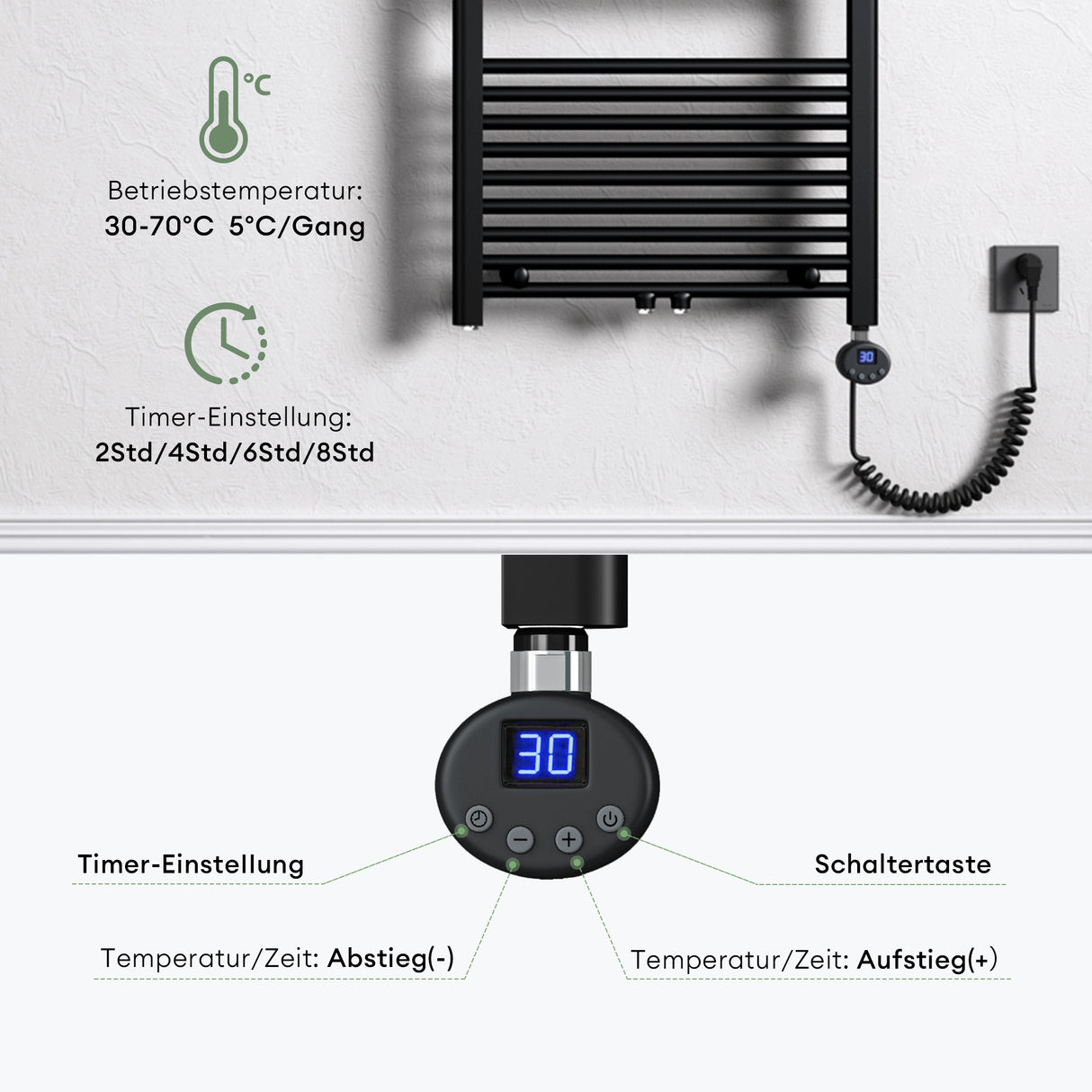 glasvilla Badheizkörper Elektrisch Handtuchwärmer für Strom, Seitenanschluss, Röhrenheizkörper Badheizung RHE mit Heizstab 02