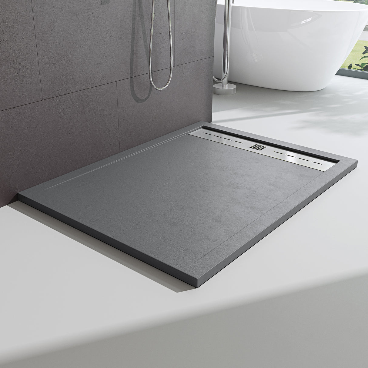 Receveur de douche Glasvilla pour cabine de douche, plat, rectangulaire, gris béton, en fonte minérale Corvus de haute qualité.