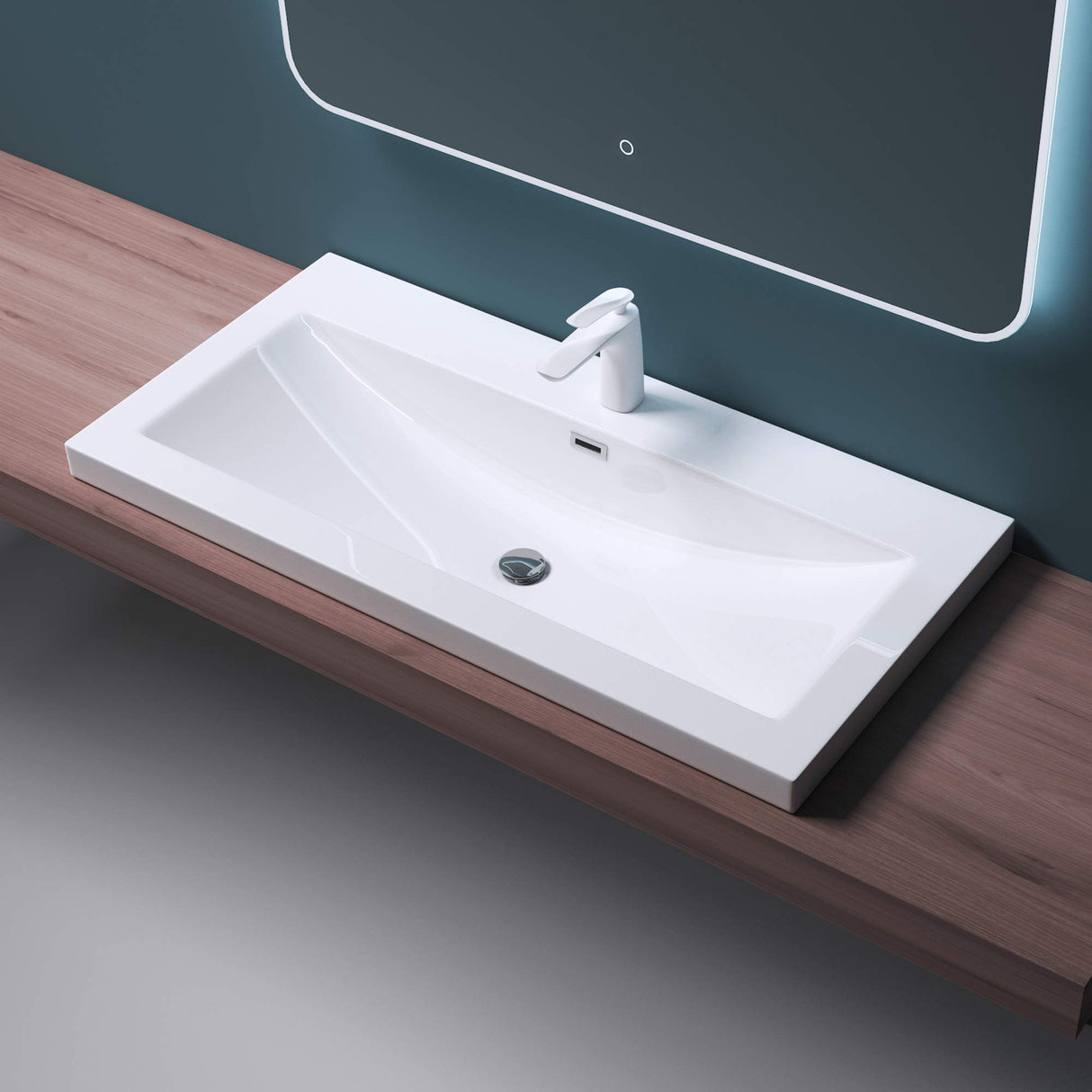 Lavabo Glasvilla, vasque encastrée, meuble-lavabo, en fonte minérale, rectangulaire, 1 trou de robinetterie, avec trop-plein, Col01