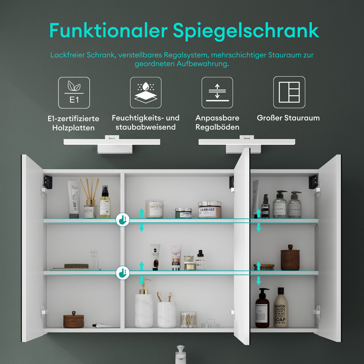 Armoire de toilette Glasvilla avec miroir et lampe intégrée, meuble de salle de bain, éclairage miroir, lampe de salle de bain LED rotative à 180°, d'une beauté rayonnante