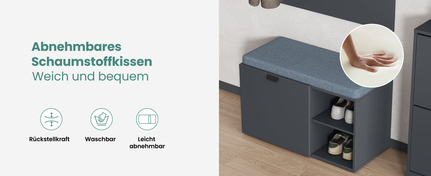 Glasvilla Zitta-01 – Banco zapatero con asiento acolchado, puertas correderas y estantes ajustables (80×37×50 cm)