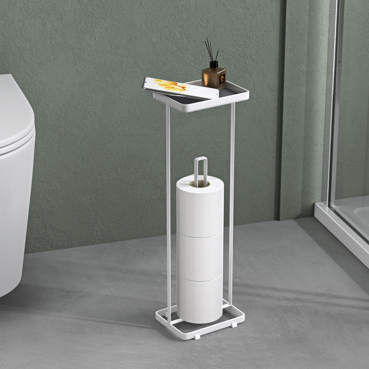 glasvilla Toilettenpapierhalter stehend mit Ablage Klorollenhalter Klopapierhalter freistehend WC Rollenhalter Toilettenständer 16x12x52cm Reglo-04