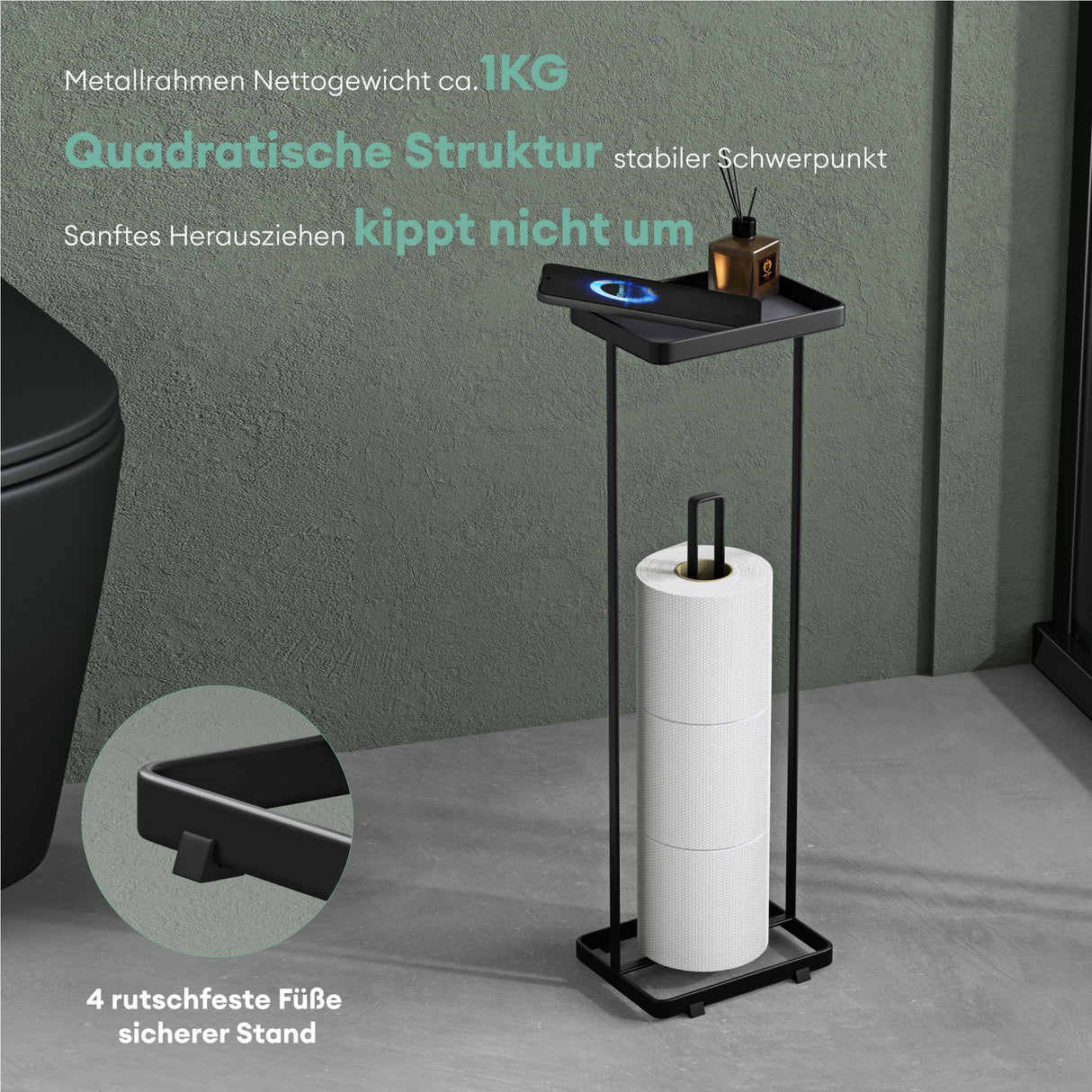 glasvilla Toilettenpapierhalter stehend mit Ablage Klorollenhalter Klopapierhalter freistehend WC Rollenhalter Toilettenständer 16x12x52cm Reglo-04