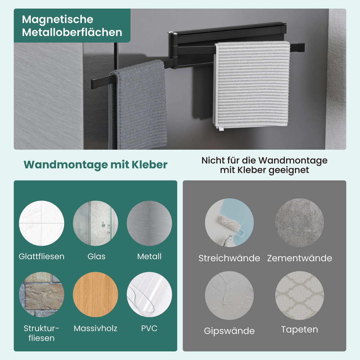 Porte-serviettes Glasvolla sans perçage, pivotant à 180° avec 3 bras, barre porte-serviettes auto-adhésive ou magnétique, porte-serviettes pour salle de bain et cuisine Folda-02