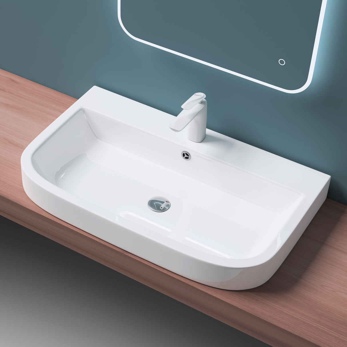 Lavabo à poser Glasvilla, Lavabo mural Brussels5021, L x P x H : 81 x 49 x 18 cm, Céramique blanche avec nano-revêtement