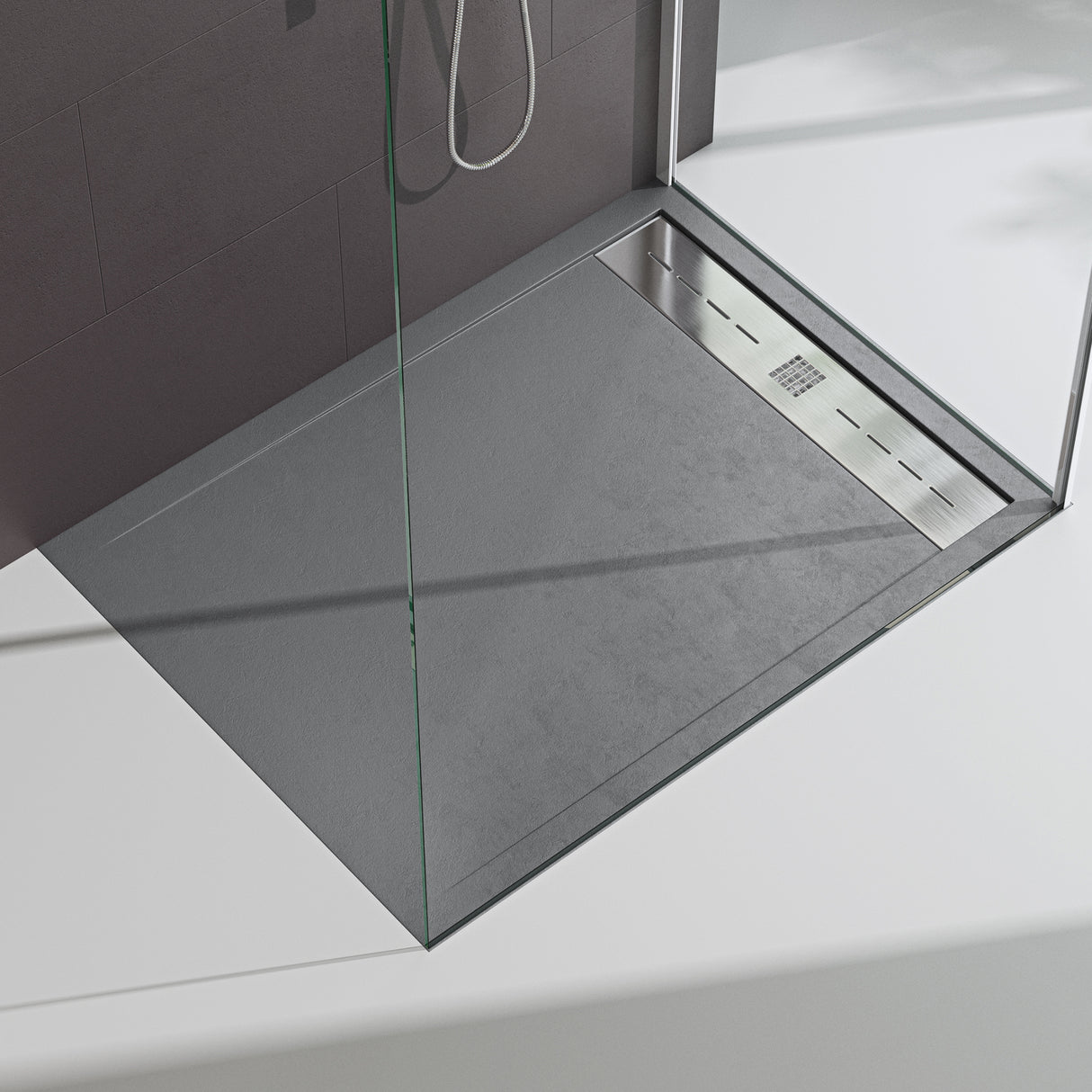 Receveur de douche Glasvilla pour cabine de douche, plat, rectangulaire, gris béton, en fonte minérale Corvus de haute qualité.