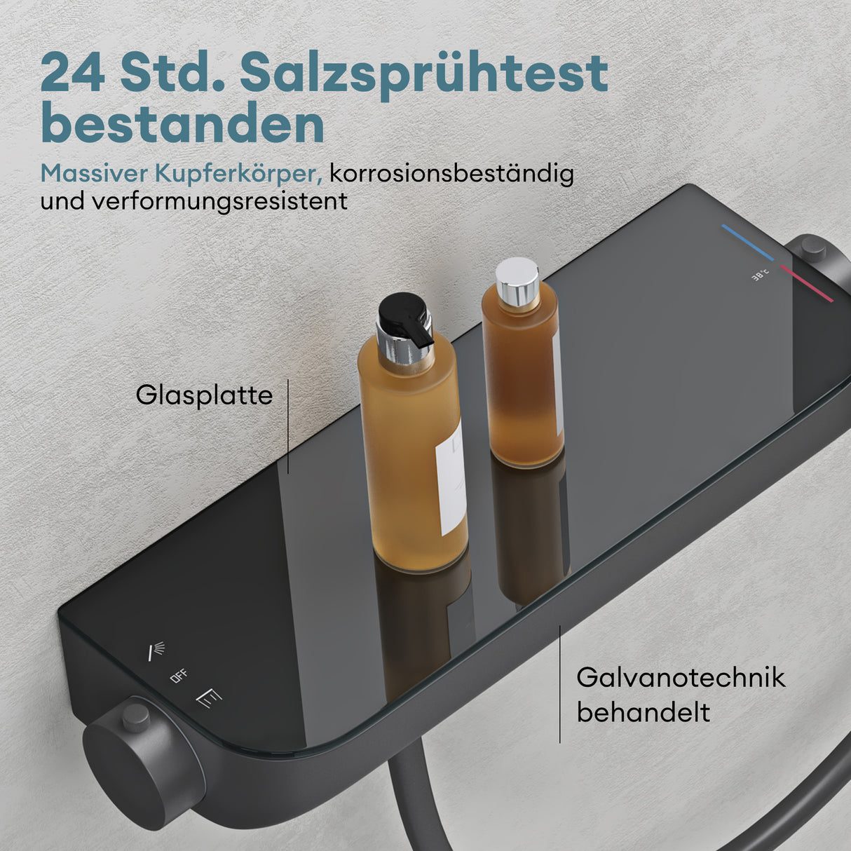 Système de douche Glasvilla avec thermostat, kit de robinetterie complet avec verrouillage de sécurité, 3 jets, pommeau de douche réglable en hauteur avec bec inférieur en laiton, système de douche 9